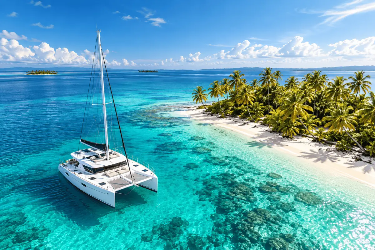 Catamarã Margarita ancorado ao lado de uma ilha de San Blas