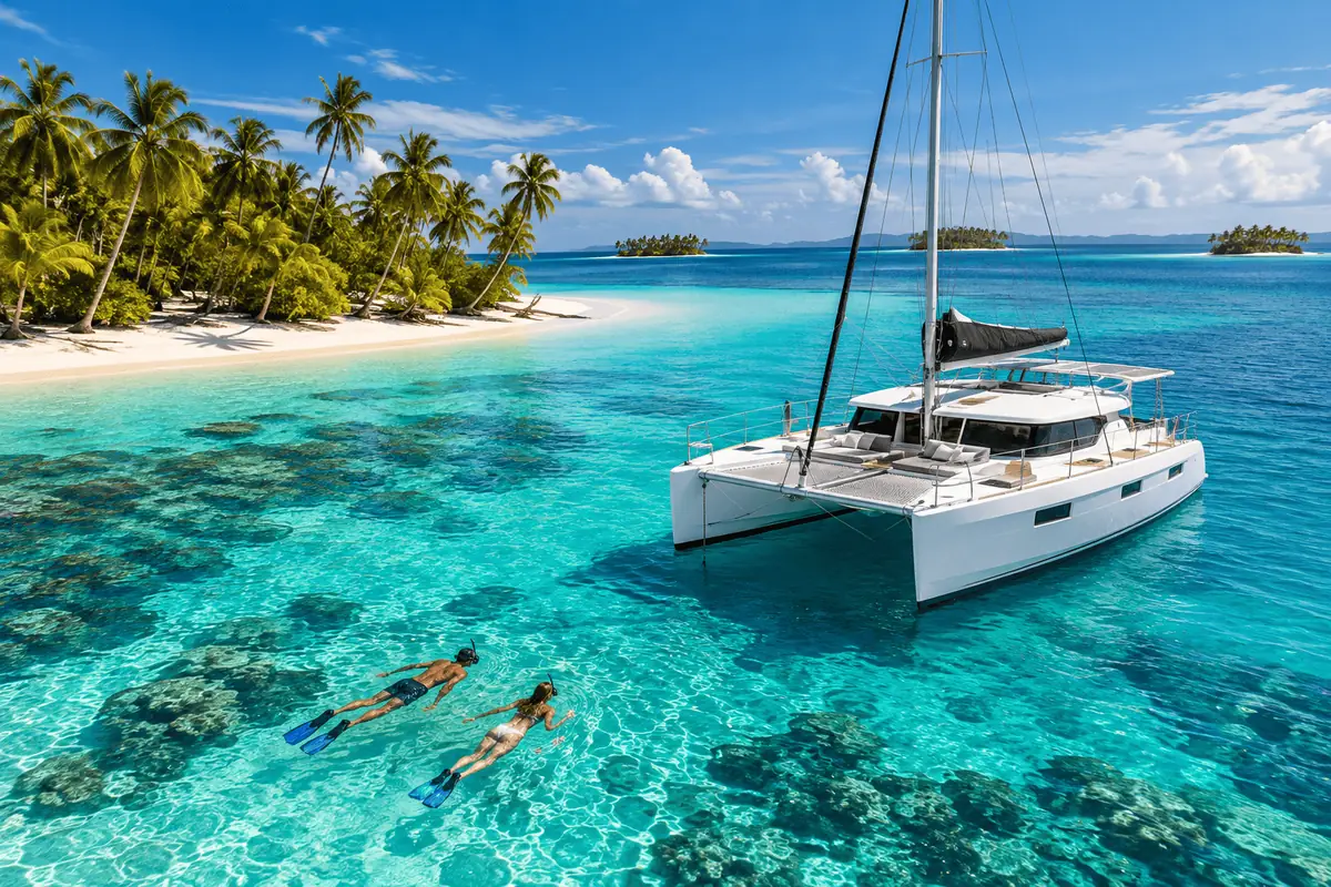 Hóspedes fazendo snorkel ao lado do catamarã em San Blas