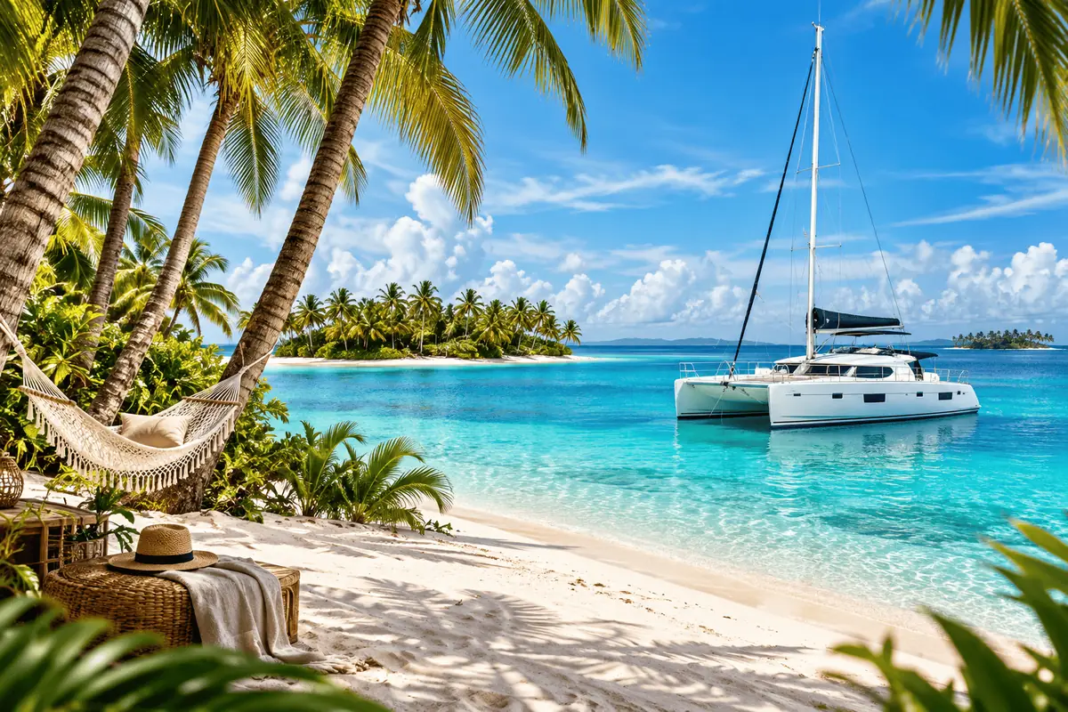Rede em uma praia de San Blas com o catamarã ao fundo