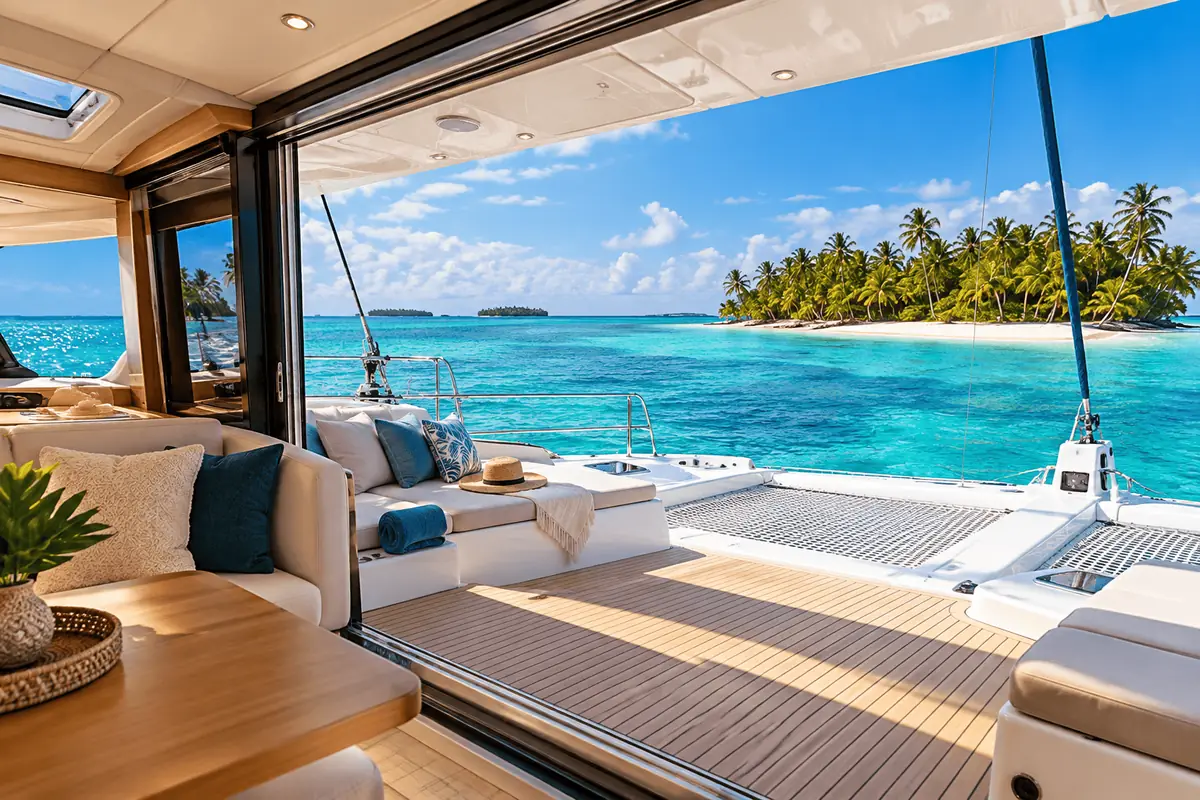 Sala interna do catamarã aberta para o convés e o mar