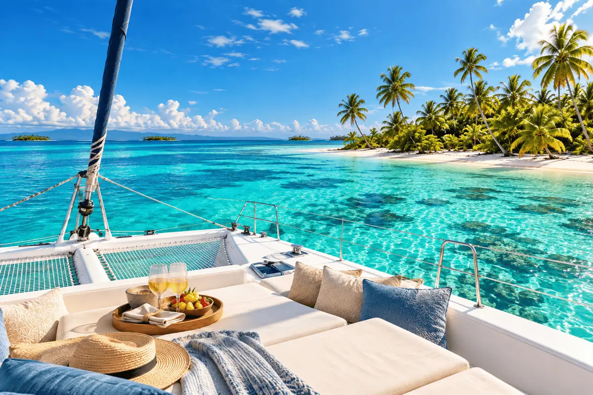 Convés do catamarã com bebidas de boas-vindas e vista para a ilha
