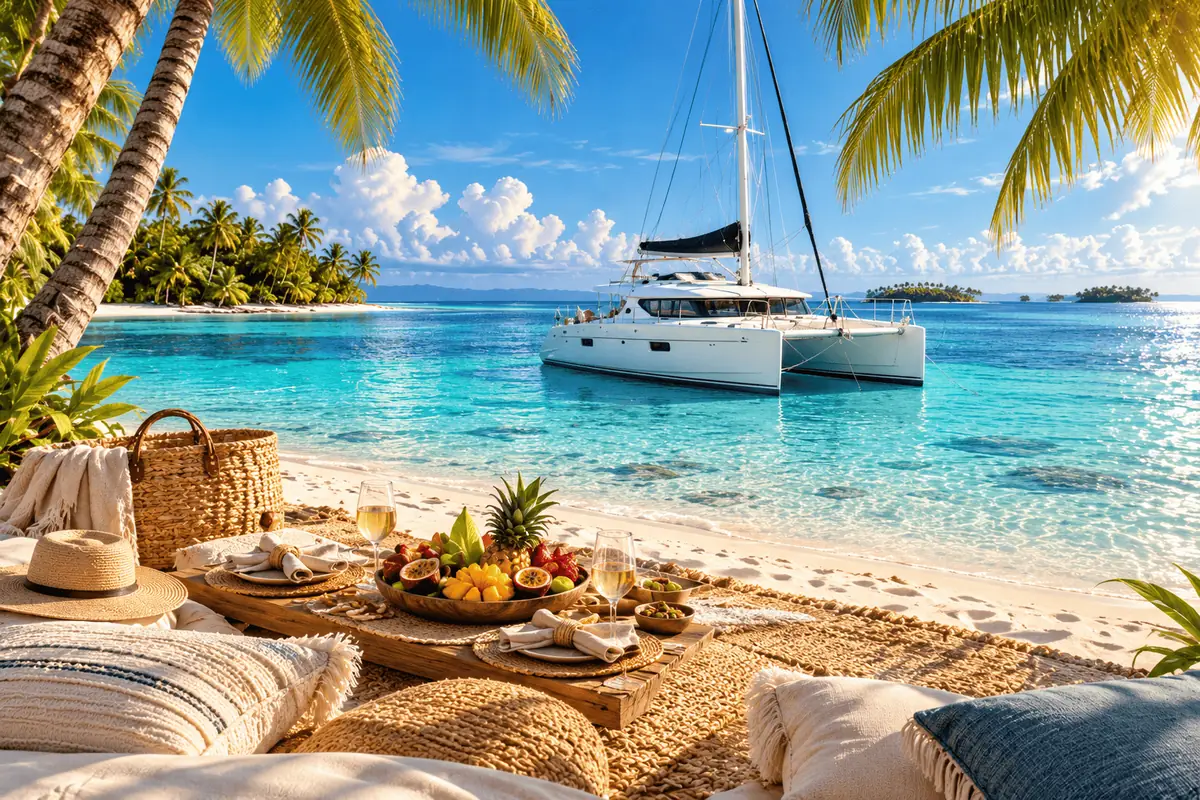 Piquenique na praia em San Blas com o catamarã ao fundo