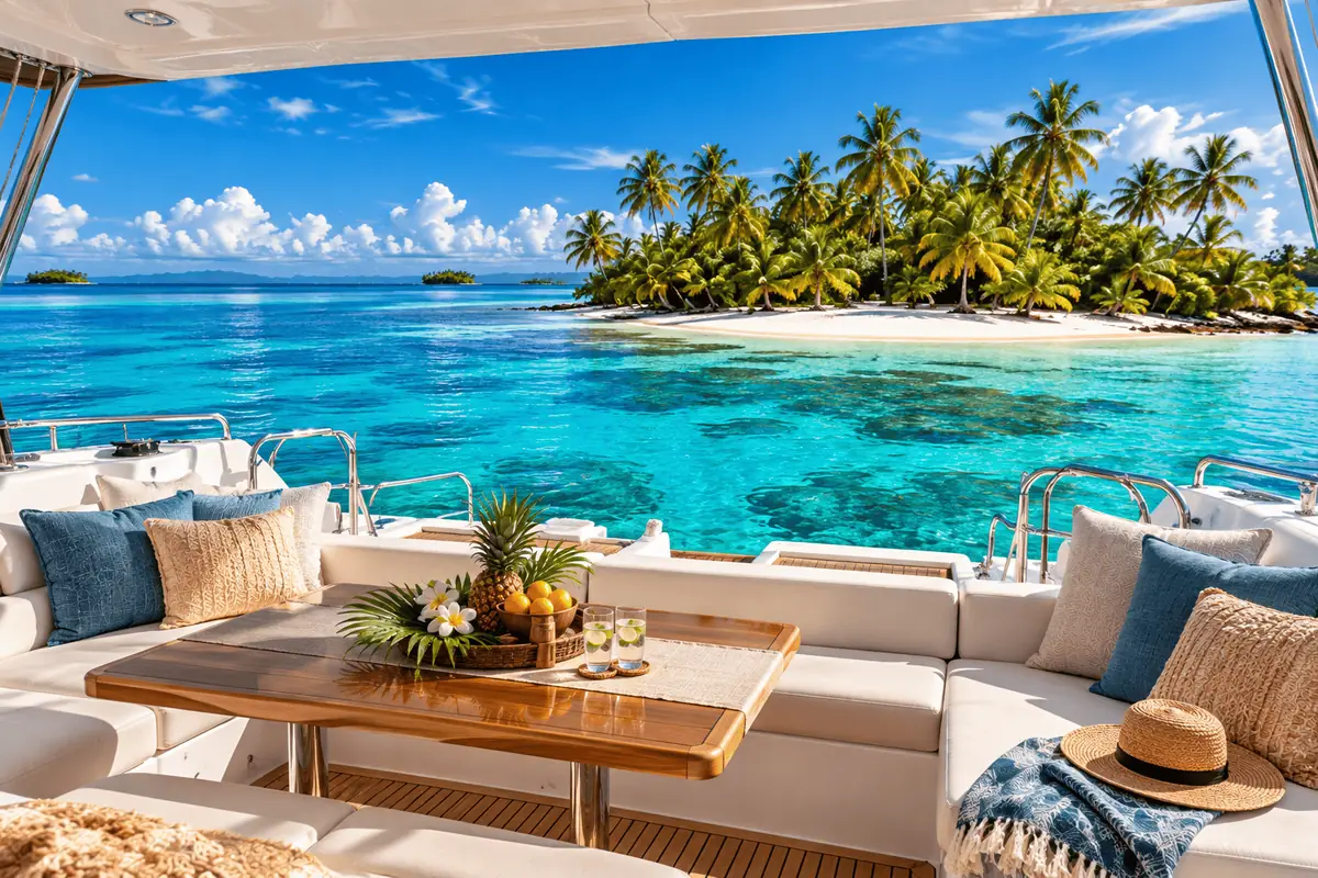 Lounge no convés do catamarã com frutas tropicais